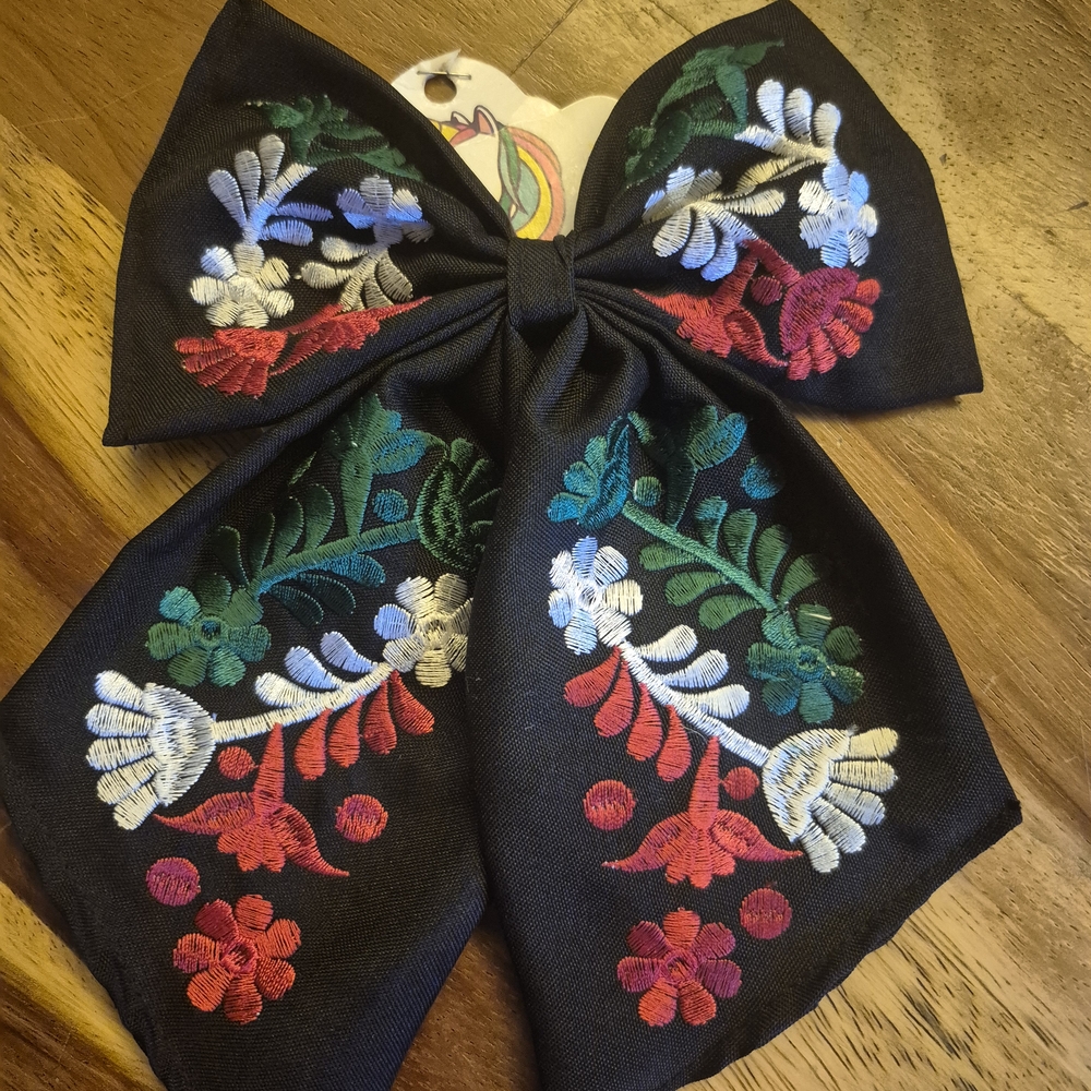 Floral Embroidered Black Bow